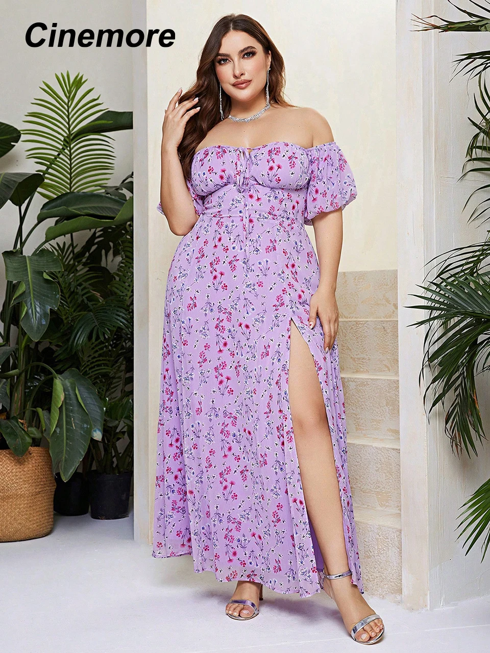 Cinemore Summer Women's Dress Plus Size Off Shoulder Sexy Floral Print Dress Split Hem Elegant Prom Long Dresses Puff Sleeve