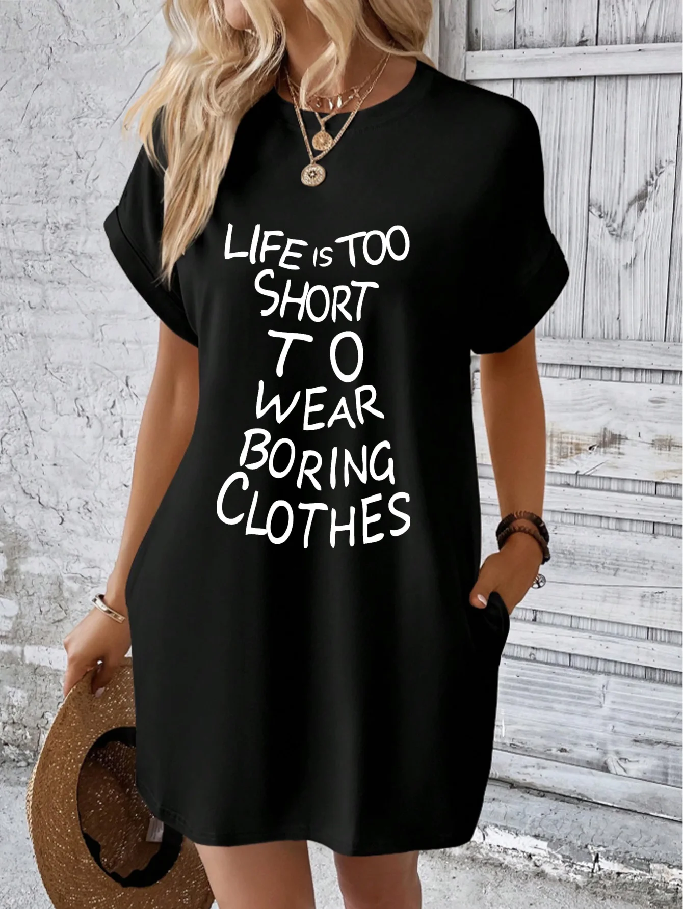 Robe d'été noire à col rond et manches courtes pour femme, imprimé drôle avec slogan, design avec poches, robe décontractée douce pour la peau