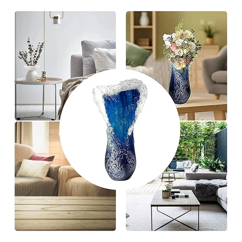 AB47-Sea Wave Vase, Wavy Vase Resin Blue Wavy Vase For Office Living Room Decorations Coffee Shop Decor 30Cm