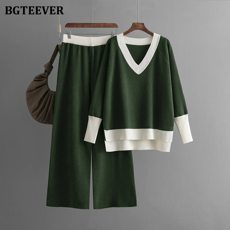 BGTEEVER Winter Women Sweater Set V-neck Patchwork Pullovers Tops & Wide Leg Pants Ladies Knitted Outfits