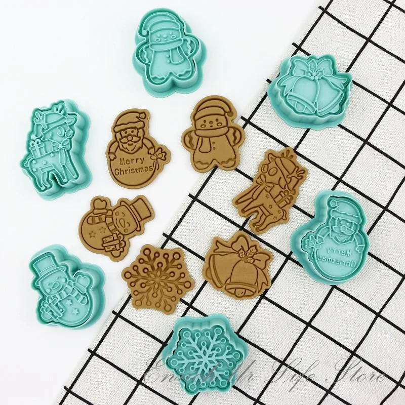 6Pc Christmas Cookie Cutter Cartoon Santa Snowflake Bell Fondant Biscuit Embosser Stamp DIY Baking Mold Christmas Party Supplies