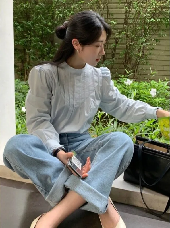 Elegant Autumn Long Sleeve Stand Collar Back Single Button Design Pure Color Women's Shirt Versatile Fashionable Korean Style