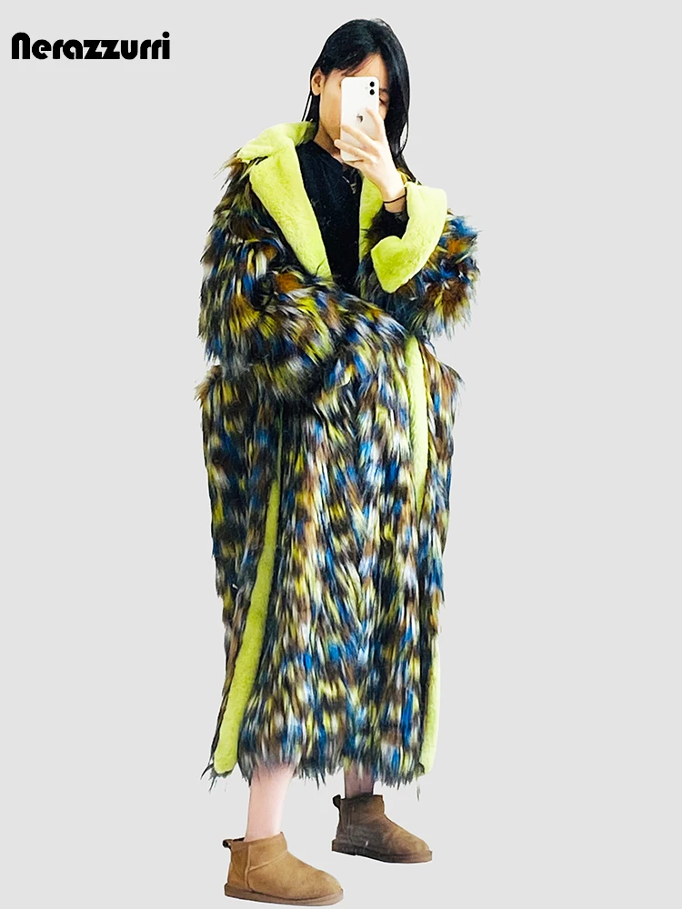 Nerazzurri Winter Long Oversized Hairy Thick Warm Fluffy Patchwork Faux Fur Coat Women Sashes Luxury Designer Furry Overcoat