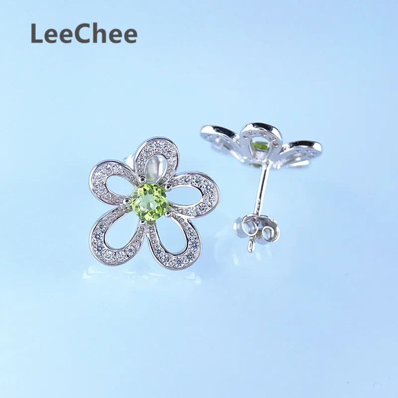 4MM Peridot Earrings Natural Green Gemstone Fine Jewelry for Girl Anniversary Party Gift Flowers Design Real 925 Sterling Silver