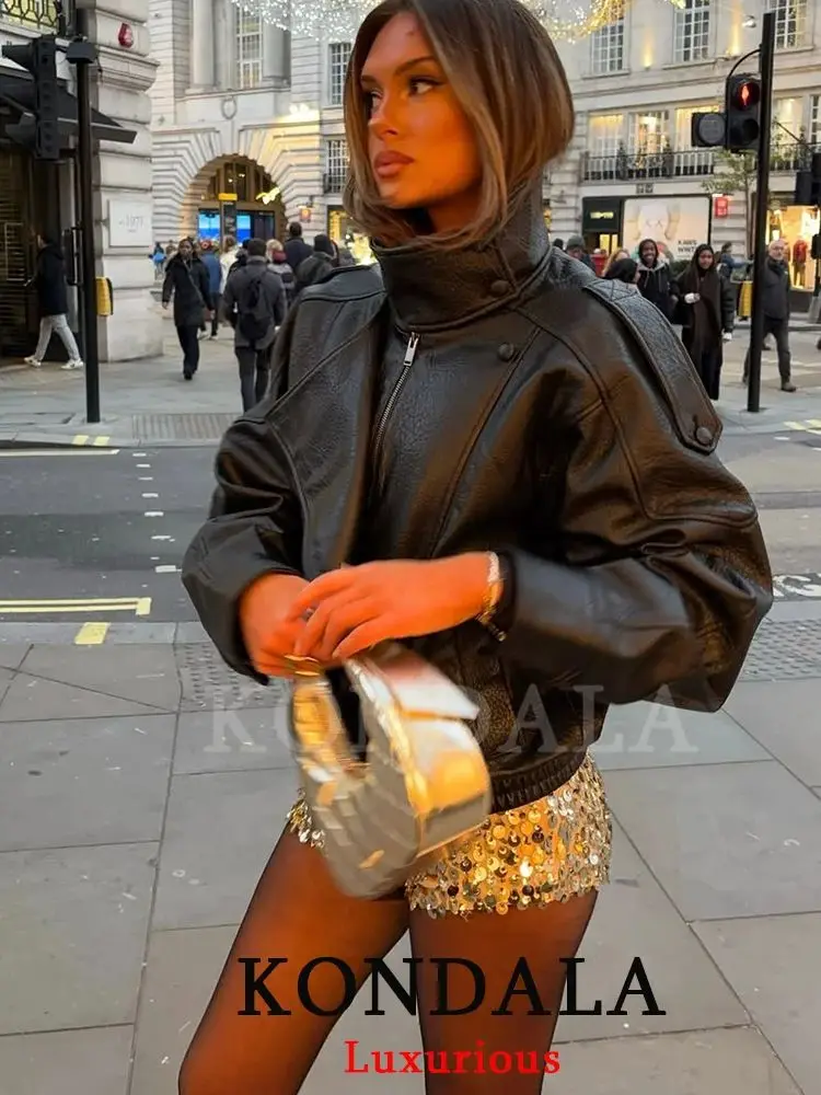 KONDALA Casual Chic Schwarz Leder Jacken Frauen Langarm Tasten Elastische Übergroße Mäntel Mode 2026 Frühling Streetwear Mäntel – Detail 5