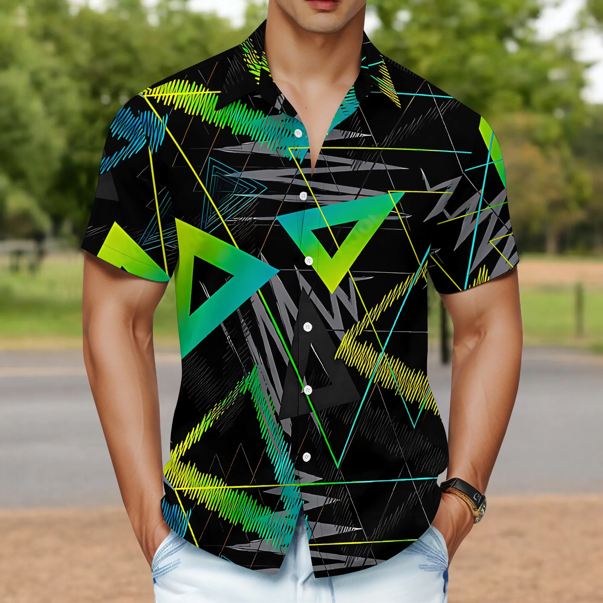 

YEAE Neon Geometry Print Shirt for Men Summer Casual Short Sleeve Top