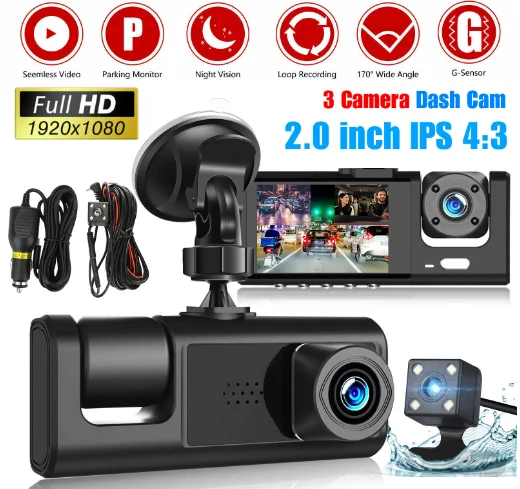 

FOR 3 Lens Car DVR Dash Cam Video Recorder G-Sensor 1080P Front/Rear/Inside Camera