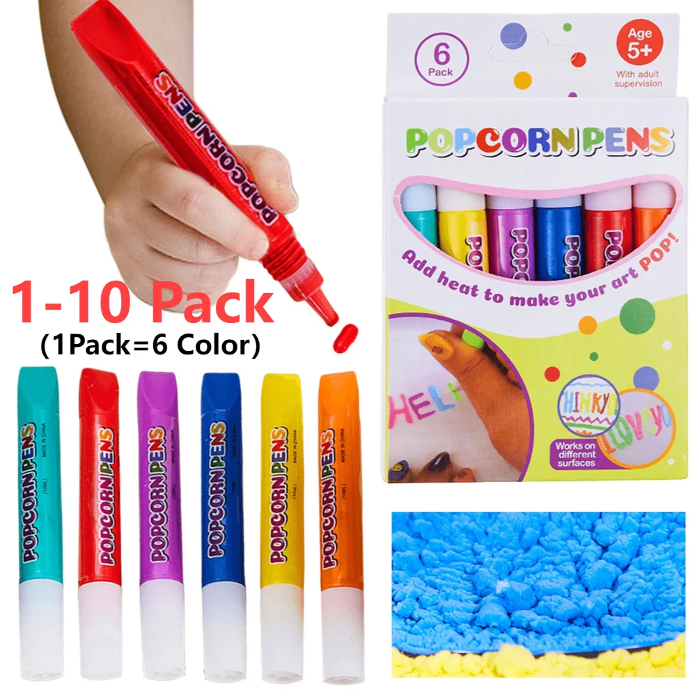 1-10Pack Magic Popcorn Pen 3D Art Safety Pen for Birthday Greeting Cards Children's Bubble Pen DIY Handmade Cotton Drawing Pen