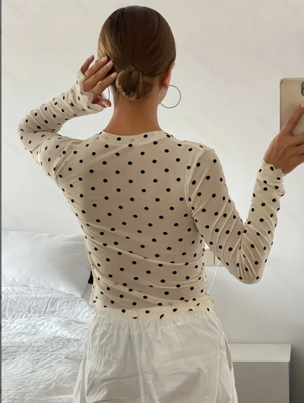 Polka Dot Casual round Neck Long Sleeve Top Trendy Full Size Women's Fashion Top