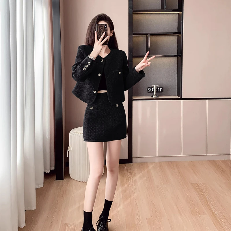 New Autumn Winter Suit Women\'s Elegant Tweed Fashion Edge Metal Button Short Coat High Waist Skirt Two-piece Set Female Clothes