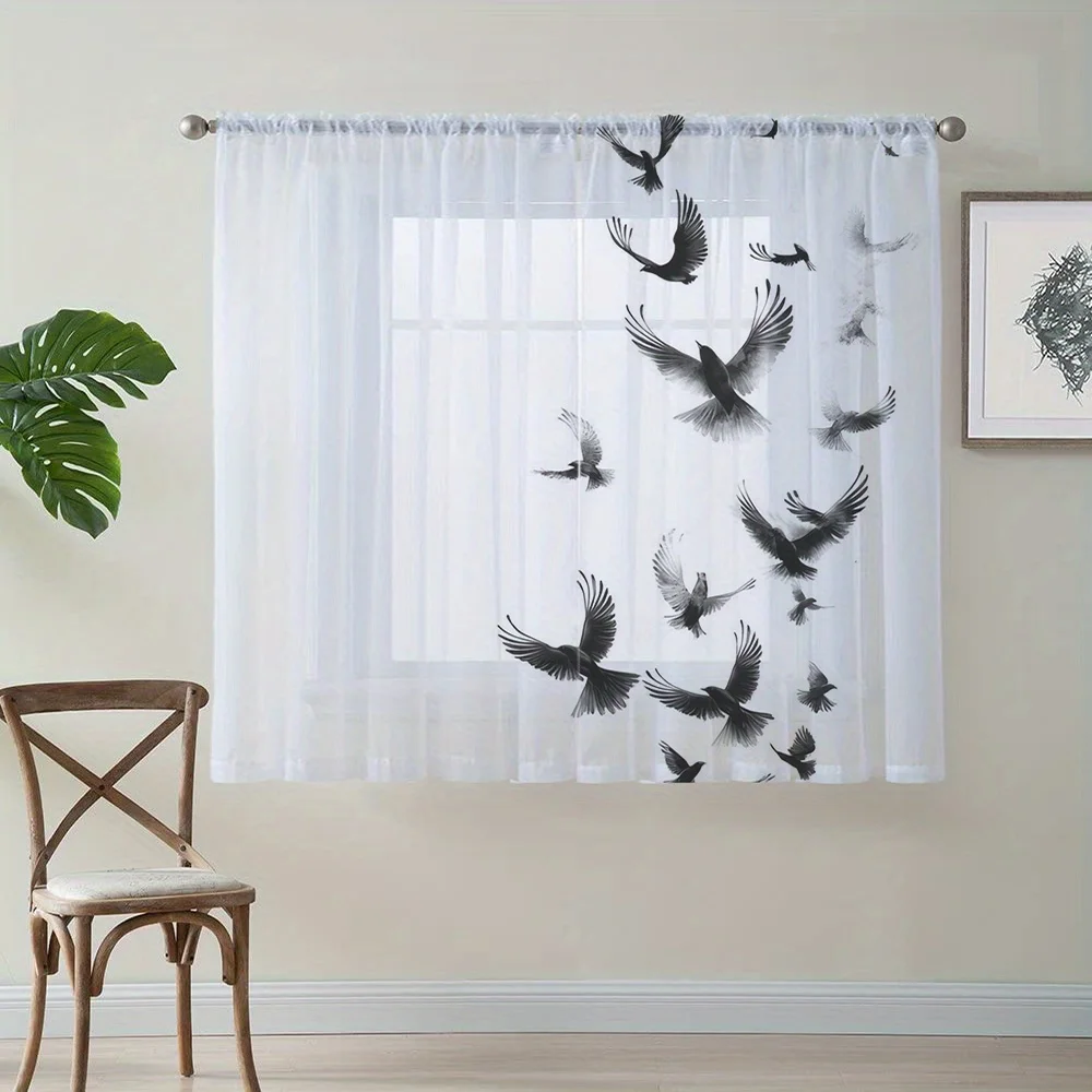 Modern Bohemian Bird Flock Silhouette Print Sheer Curtains for Window Treatment Living Room Nursery Bedroom Decor