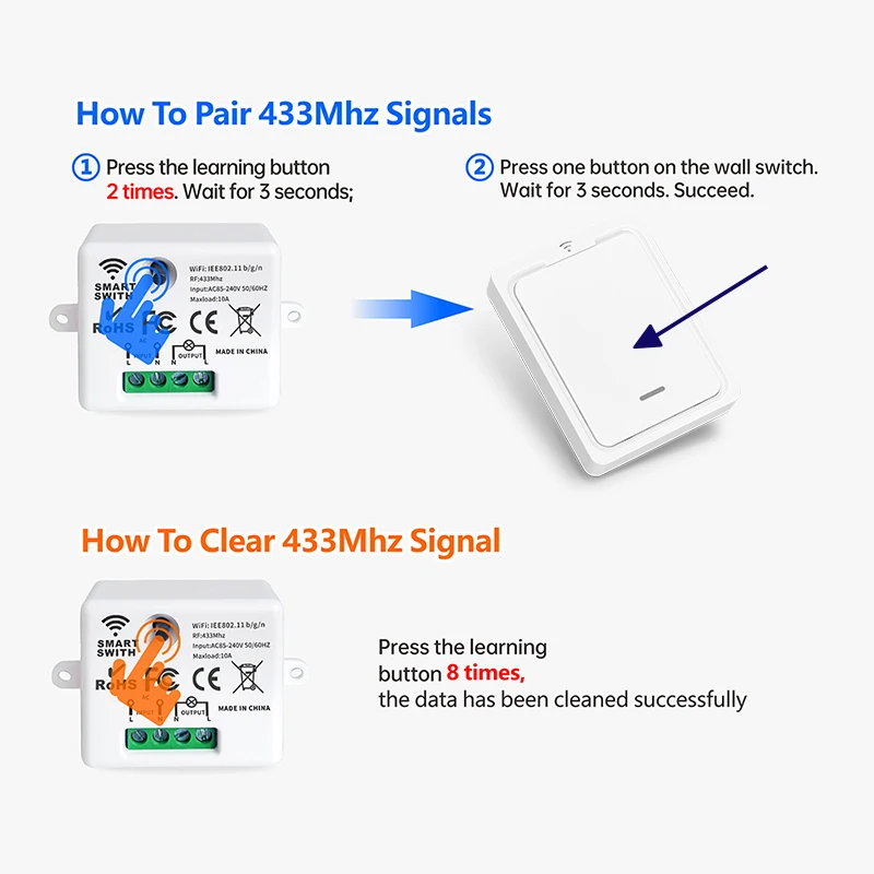 RF433MHz AC220V Wireless Light Switch,Mini Size Module,Wireless Magnetic Panel Switch,Push Button Switch for Home DevelopMent