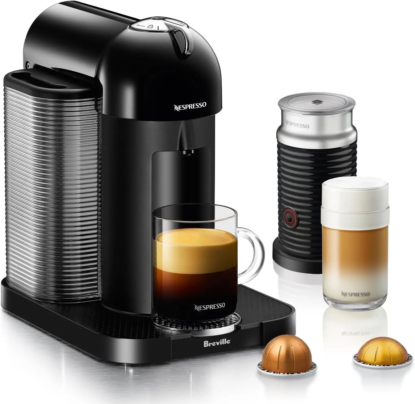 

Кофеварка Nespresso Vertuo и эспрессо от Breville, матовый черный со вспенивателем молока Aeroccino