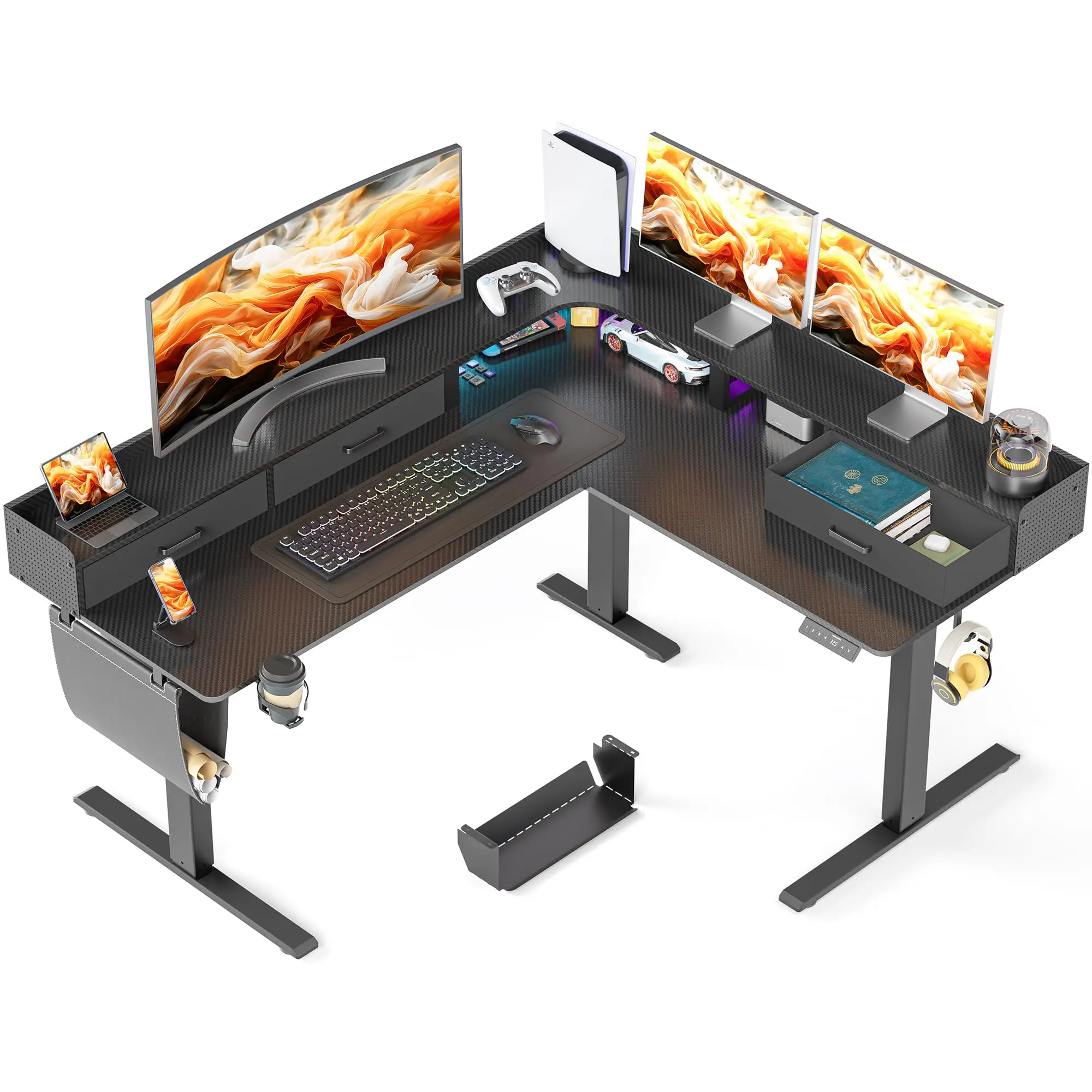 63 Inches Height Adjustable L Shaped Standing Desk with 3 Drawers and Monitor Shelf, Electric Corner Comupter Desk, Sit