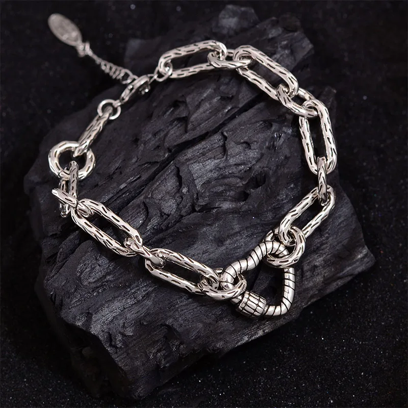 Foxanry Silver Color Thick Chain Love Heart Bracelet For Women Couples Trendy Simple Vintage Elegant Birthday Jewelry Gifts