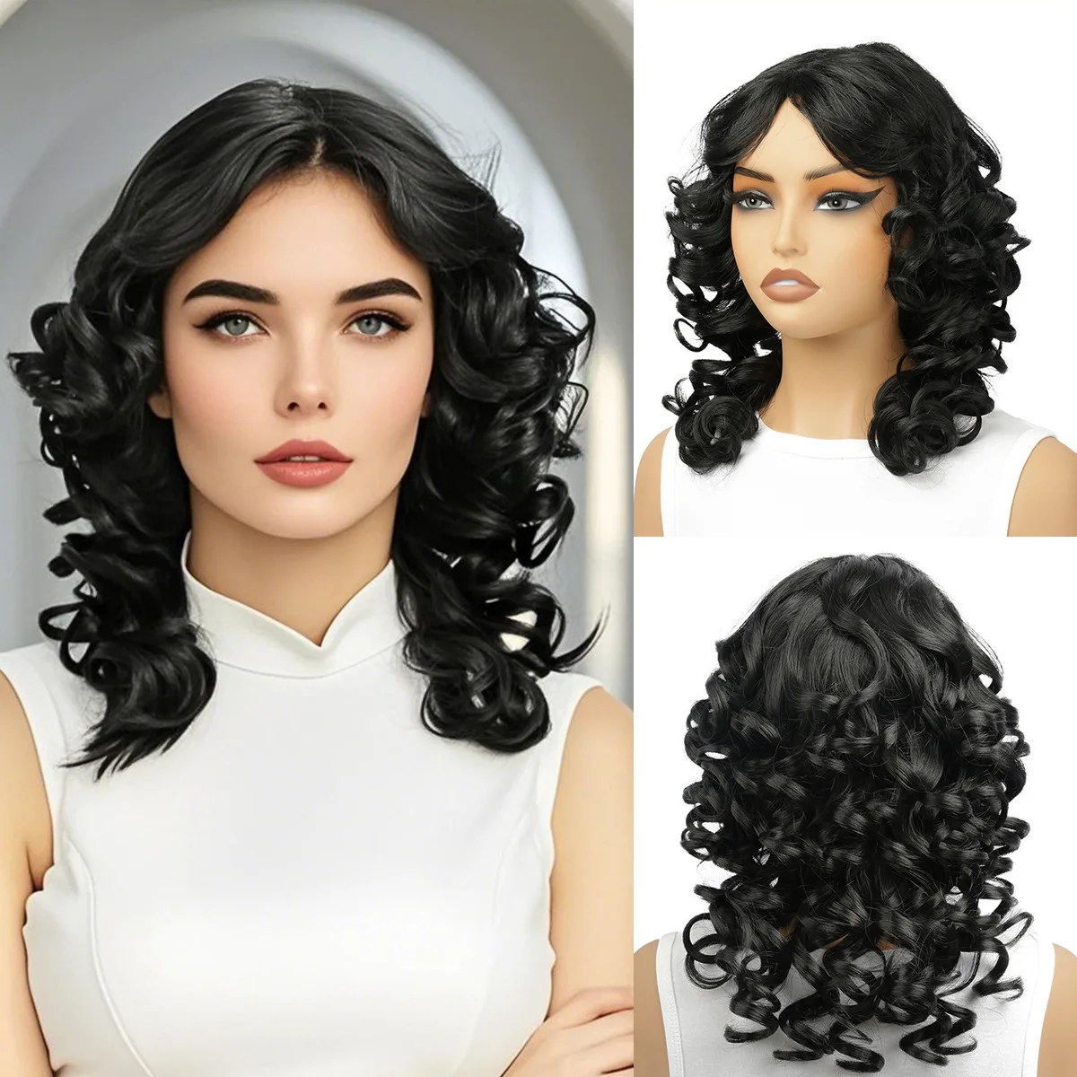 

African European and American short curly hair wig women's fashion black fluffy wool roll chemical fiber full head cover