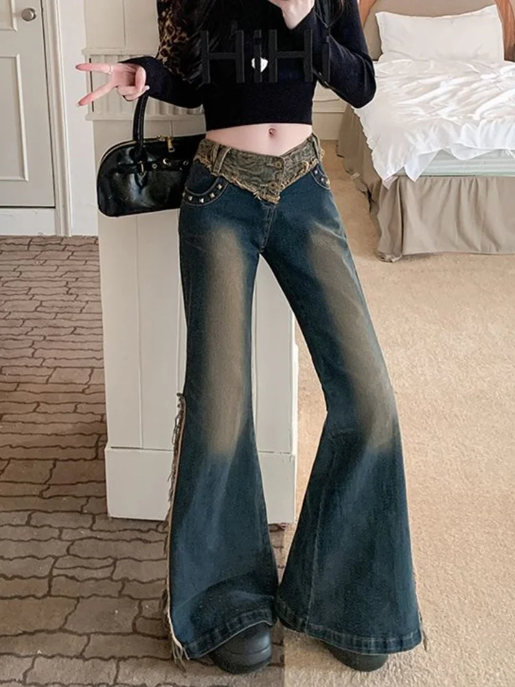 

2024 Trashy Y2K Уличная одежда с розой в стиле пэчворк, узкие расклешенные джинсы, брюки для женщин, одежда, готические женские джинсовые брюки, Ropa Mujer