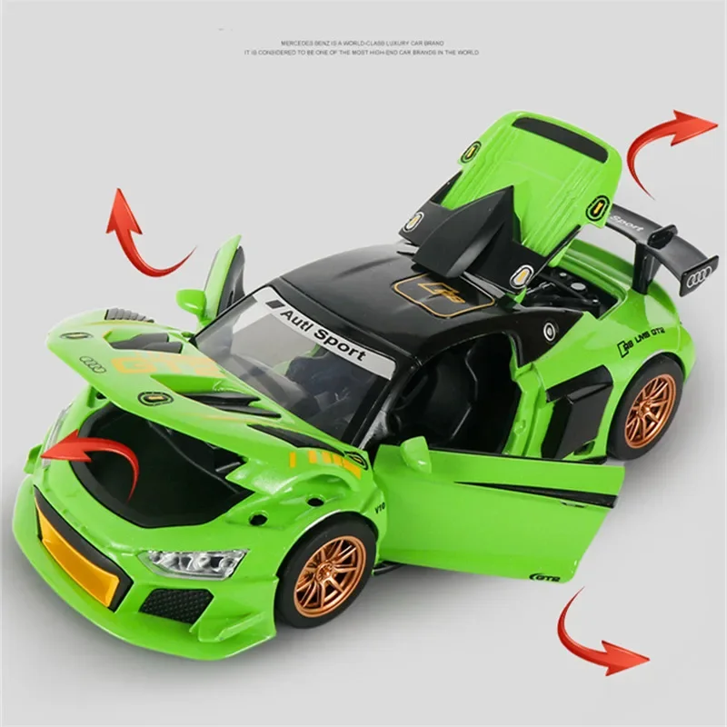 1:24 AUDI R8 GT2 Alloy Track Racing Car Model Diecasts Metal Toy Sports Car Model High Simulation Sound and Light Childrens Gift