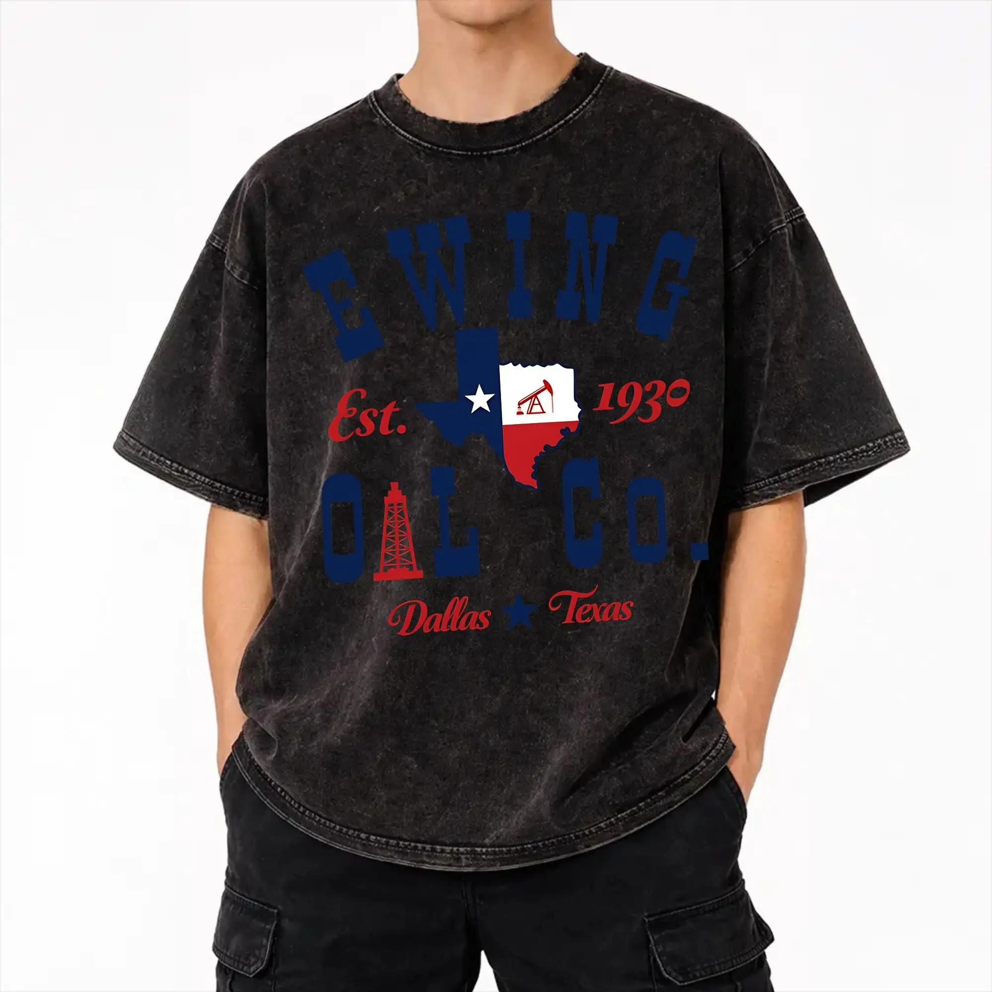 Ewing Oil Co. Dallas 70s TV Show  Washed T Shirts Streetwear Hip Hop Vintage T-Shirts  Tees Tops for Men Women Streetwear