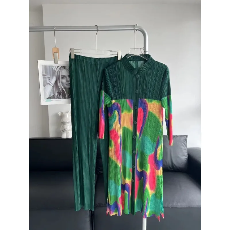 Miyake-calças femininas tingidas de perna reta estampadas, jaqueta plissada, conjunto casual versátil, outono, 2 peças