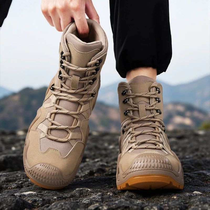 

High-quality Professional Flat Mid-top Spliced Mesh Breathable Large-sized Men's Outdoor Mountaineering Laced Anti-slip Shoes