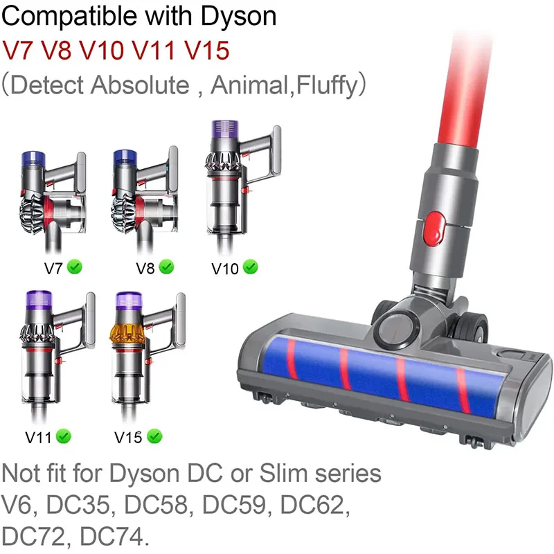 Electric Floor Brush Head for Dyson V7 V8 V10 V11 V15 Vacuum Cleaner Replacement Parts Soft Roller Head Brushes with LED Lights