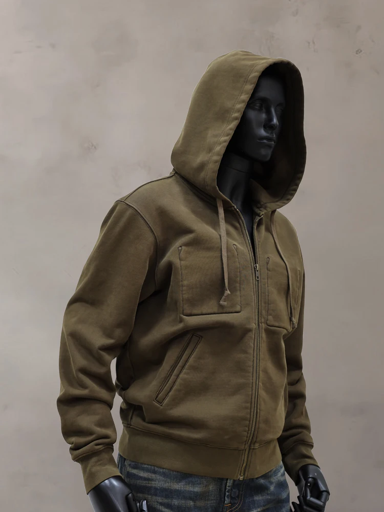 High Quality Retro Sports Casual Cotton Looped Fabric Zipper Hooded Sweater Men's Heavy Cardigan Jacket