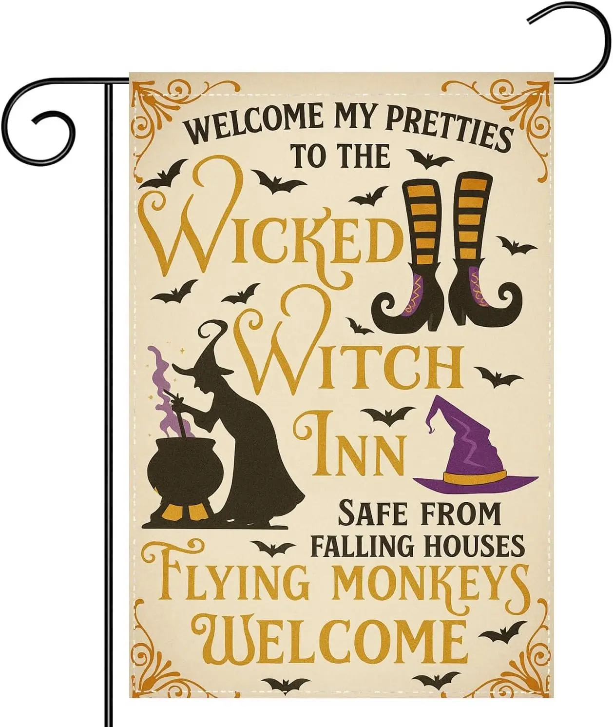 Witchy Porch Decor Garden Flag – Halloween Banner with Witch Hat, Bats, and “Welcome My Pretties” Quote – 12x18 Inch Double  PPM