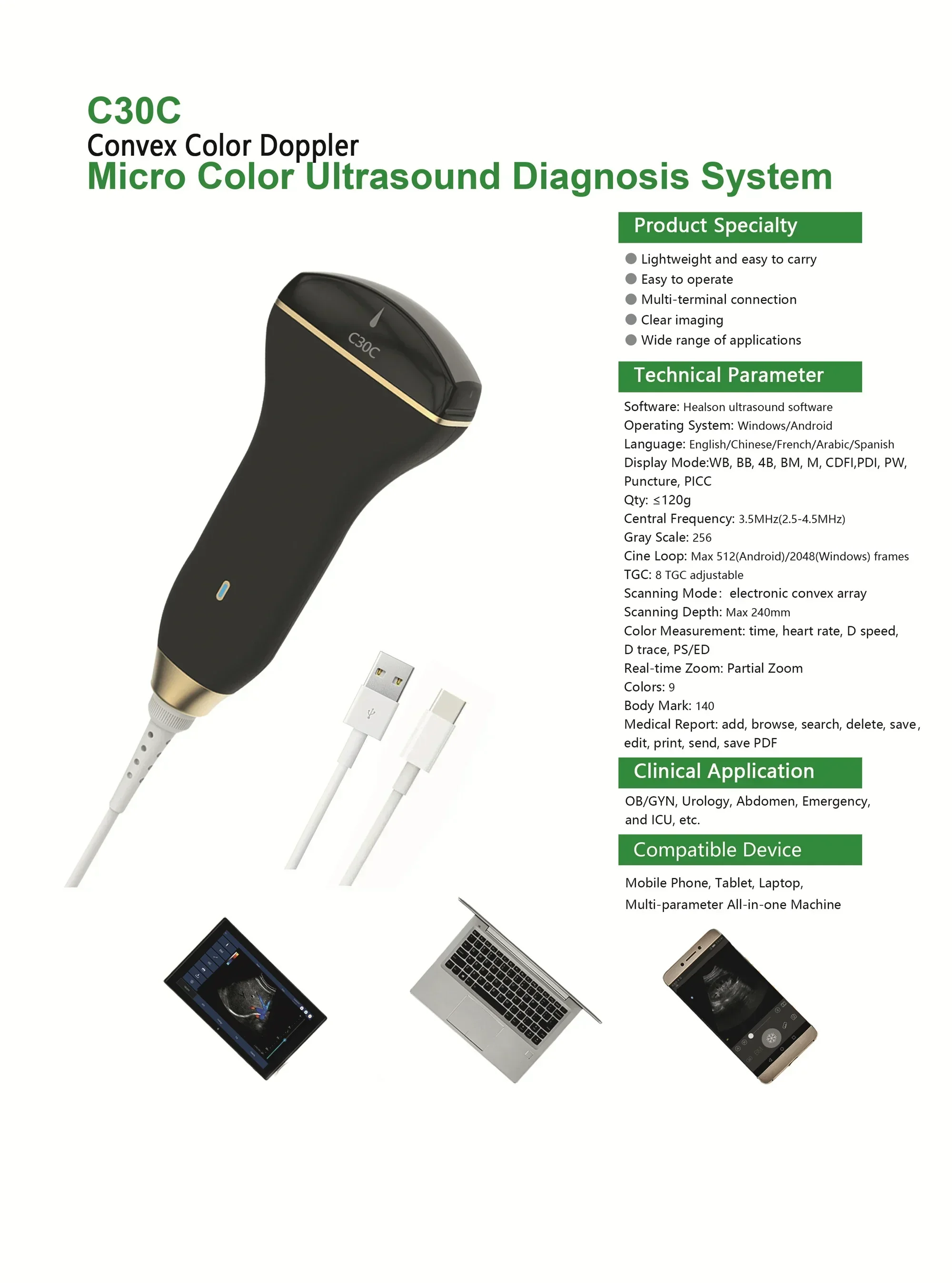 Pemindai Ultrasound Doppler Warna Gema USB Mini Tipe C Android Windows Probe Linier Cembung