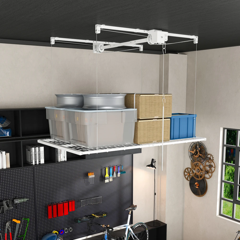 White Overhead Garage Storage Rack 4x8 FT for High Ceilings 10-12 FT, 350LBS Capacity All-Steel Construction with Safety Lock (Installation Required, Heavy-Duty Garage Organizer) view 2
