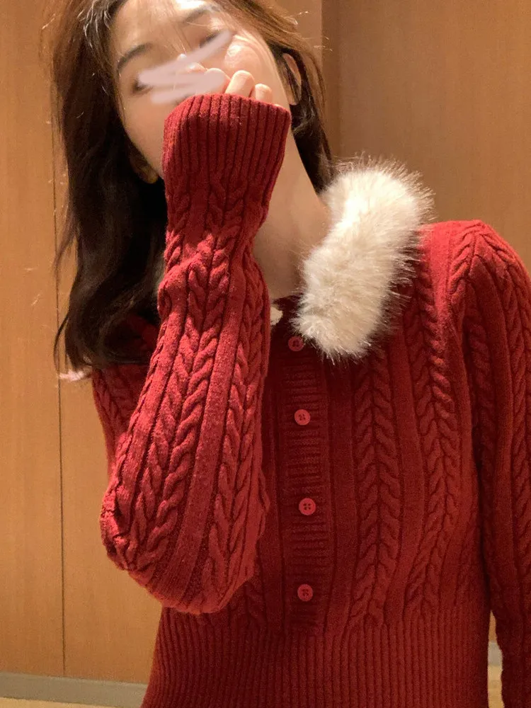 Red Fur Collar Spliced Long Sve Knitted Sweater Women's Slim Fit Cisas Top New Year's New Outfit Korean Sle Commute