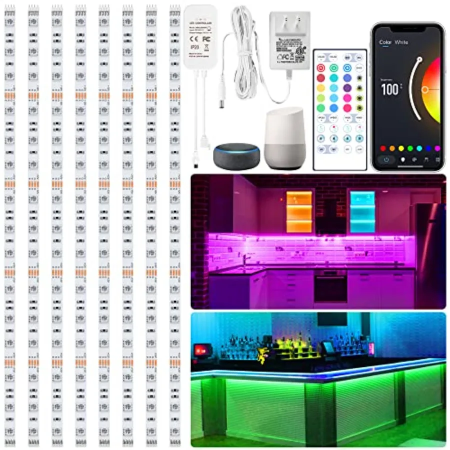 

Комплект из 8 умных RGB-светильников для подсветки под шкафами, 3,3 фута, совместим с Alexa и Google Assistant, управление через приложение и пульт ДУ, синхронизация музыки, изменение цвета