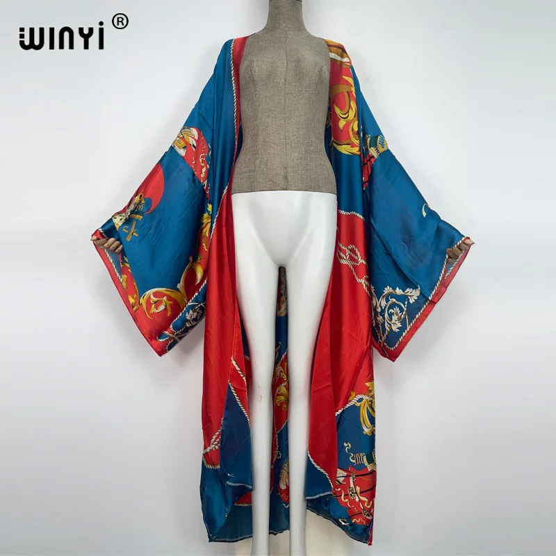 2022 winyi festa de férias colorido moda senhora quimono boêmio sexy longo cardigan feminino manga longa praia cover-up kaftan vestido