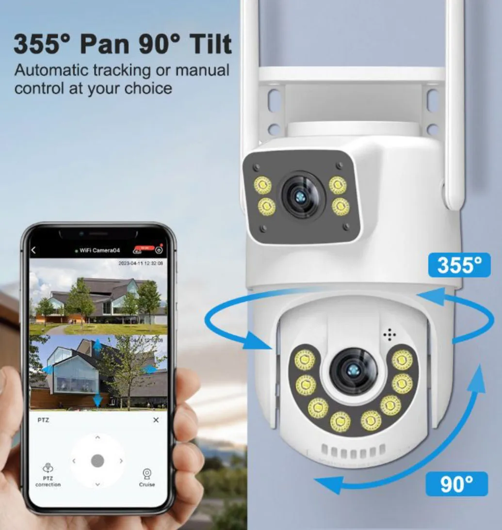 Outdoor Wifi PTZ Camera 6MP Dual Lens Camera Video Surveillance Pets Monitor Home Camera Phone Remote Night Vision For Home