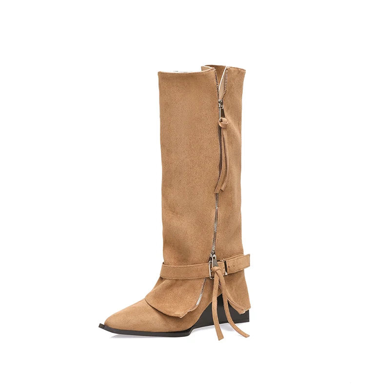 مصمم الركبة عالية الأحذية النسائية أسافين أحذية أنيقة عالية الكعب أحذية طويلة شتاء 2025 امرأة فستان مضخات الجلد المدبوغ الثلوج بوتاس موهير