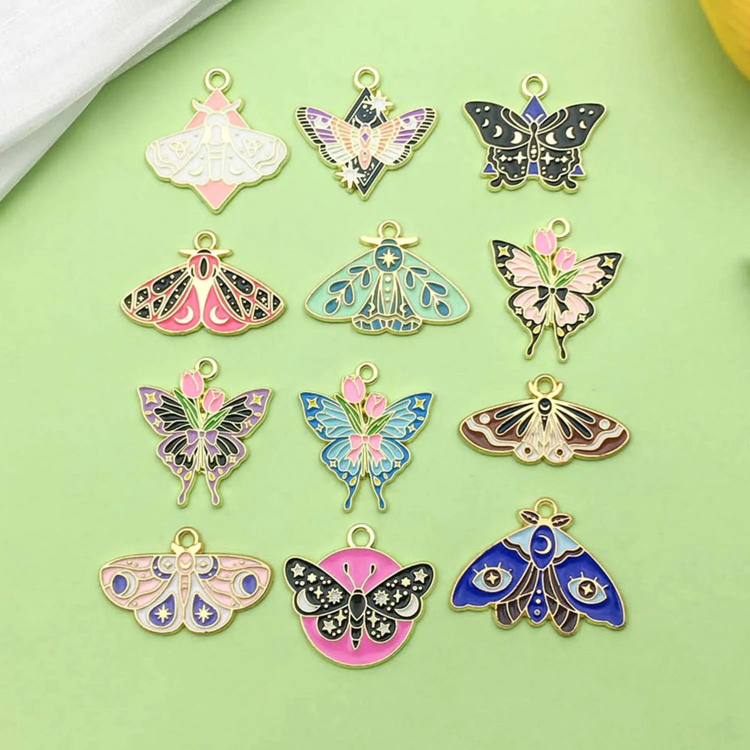 10/12pcs Enamel Colorful Halloween Charms Exquisite Pattern Moth Butterfly Design Pendants for DIY Jewelry Making Accessories