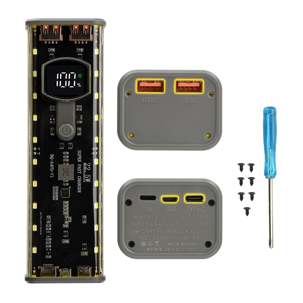 DIY Power Bank Case PD22.5W Powerbank Box 21700 LED Screen Transparent Battery Storage Shell For Mobile Phone Charger