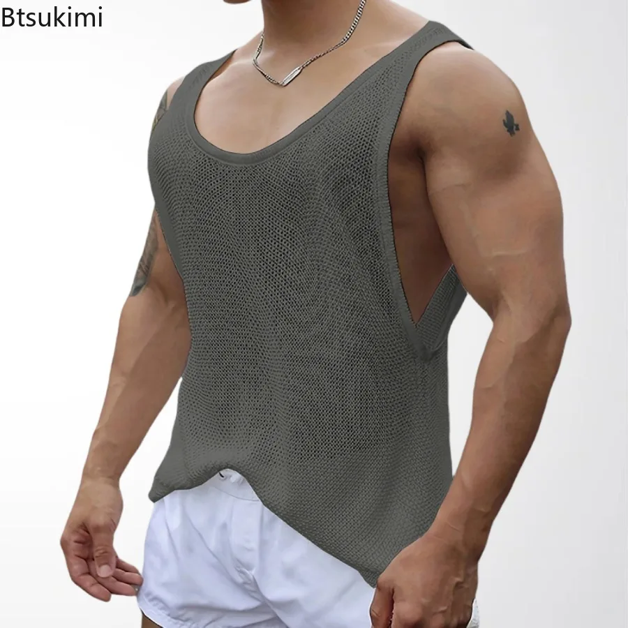 New 2026 Men's Summer Knitwear Vests Fashion O-neck Sleeveless Knitted Tops Men Casual Loose Hollow Out Tank Tops Men's Clothing