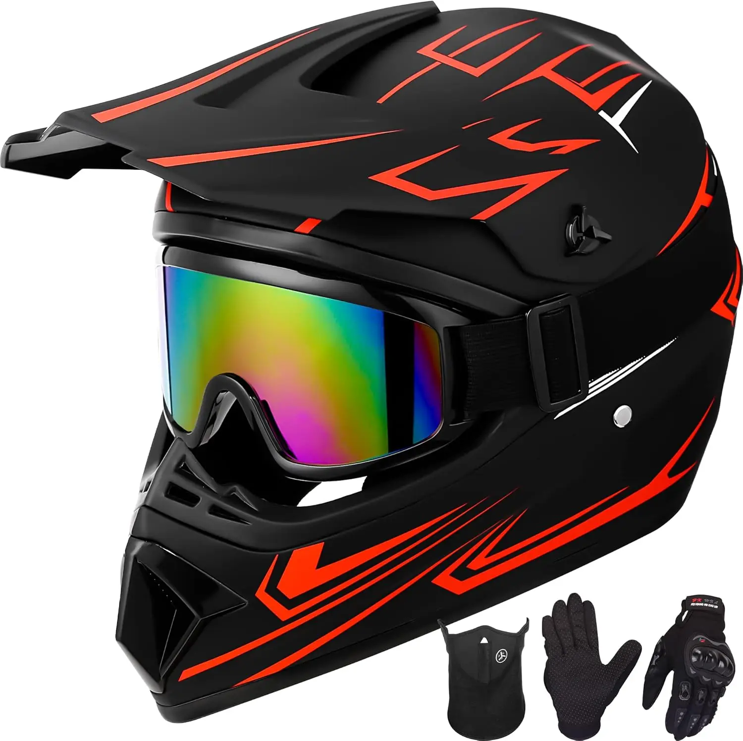 Youth Kids Motocross Helmet Full Face Motorcycle Dirt Bike Off-Road Mountain Bike BMX MX ATV Helmet with(Gloves Goggles Mask) 4P