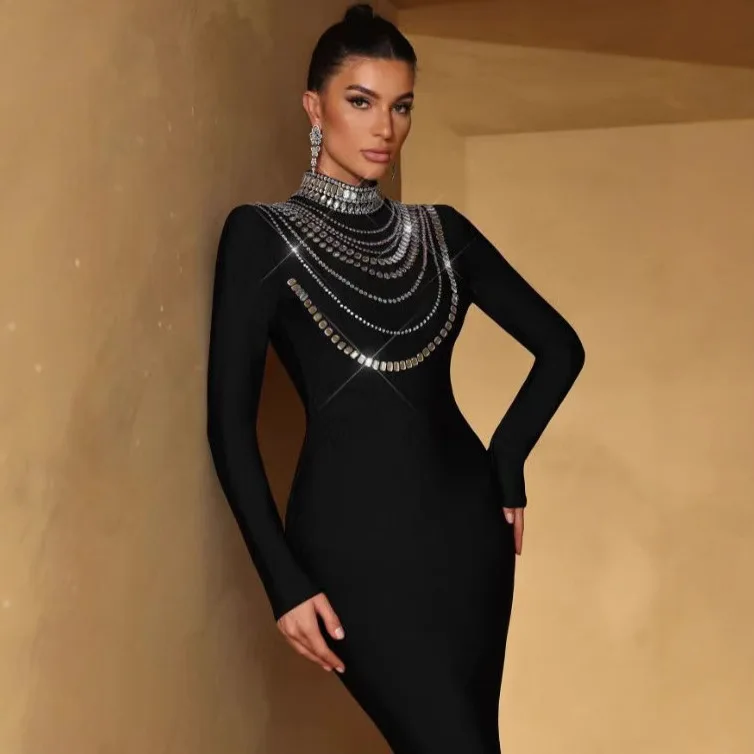 

Fashionable High Neck Long Sleeve Women's Dress Winter Thin Belted Knitted Dress Diamond Studded Straight Hair High Waist Pol...