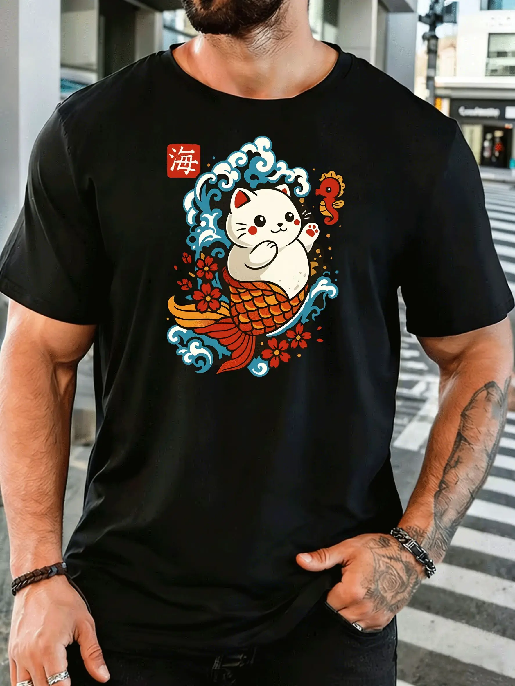 Japanese Mermaid Cat Ocean Waves Mens Front Print T Shirt Cute Lucky Cat Graphic Tee Casual Short Sleeve Top Anime Lover Gift