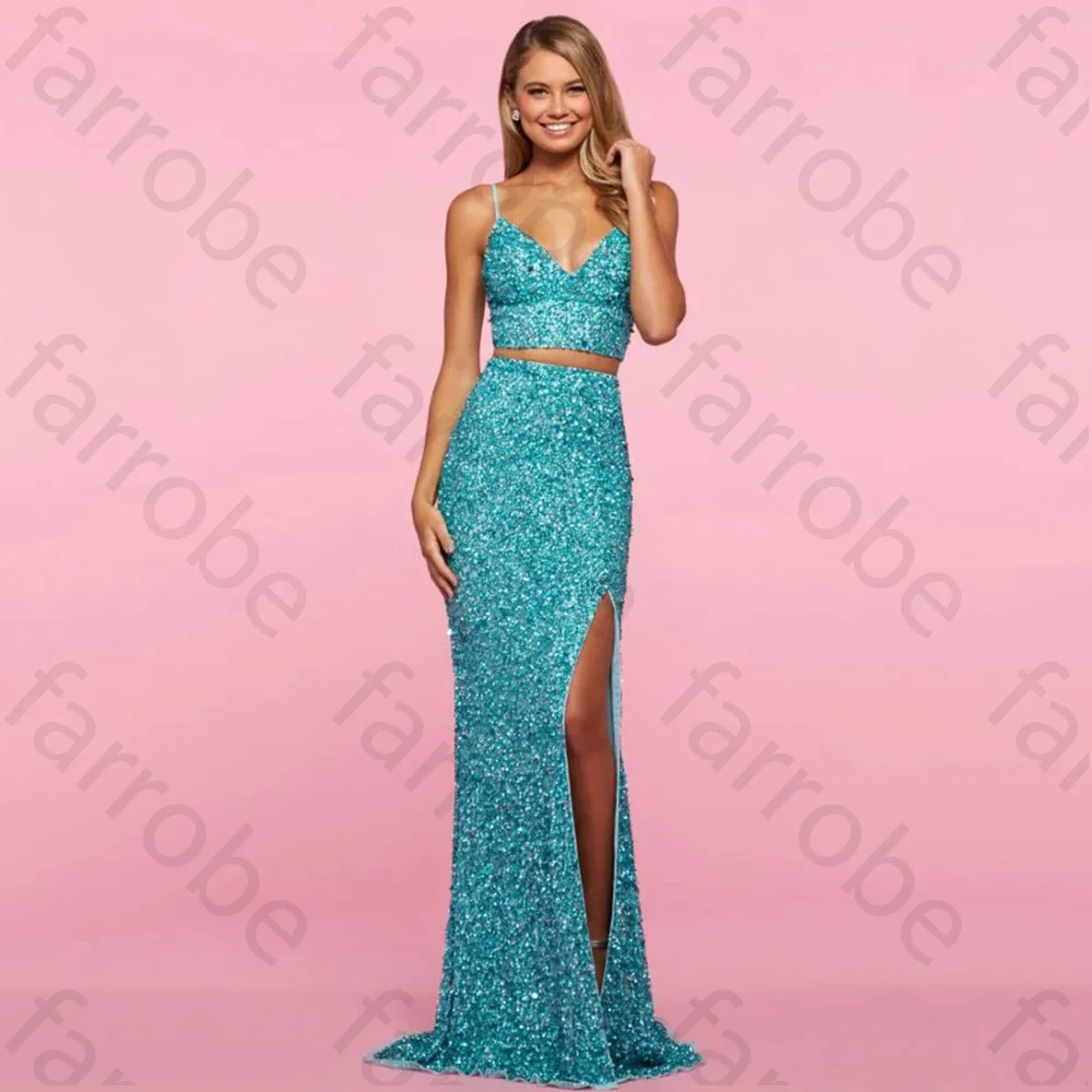 Vestidos de Noche personalizados de dos piezas, cuello en V, lentejuelas, tirantes finos, sirena, abertura lateral, espalda descubierta, vestidos largos formales para fiesta de graduación