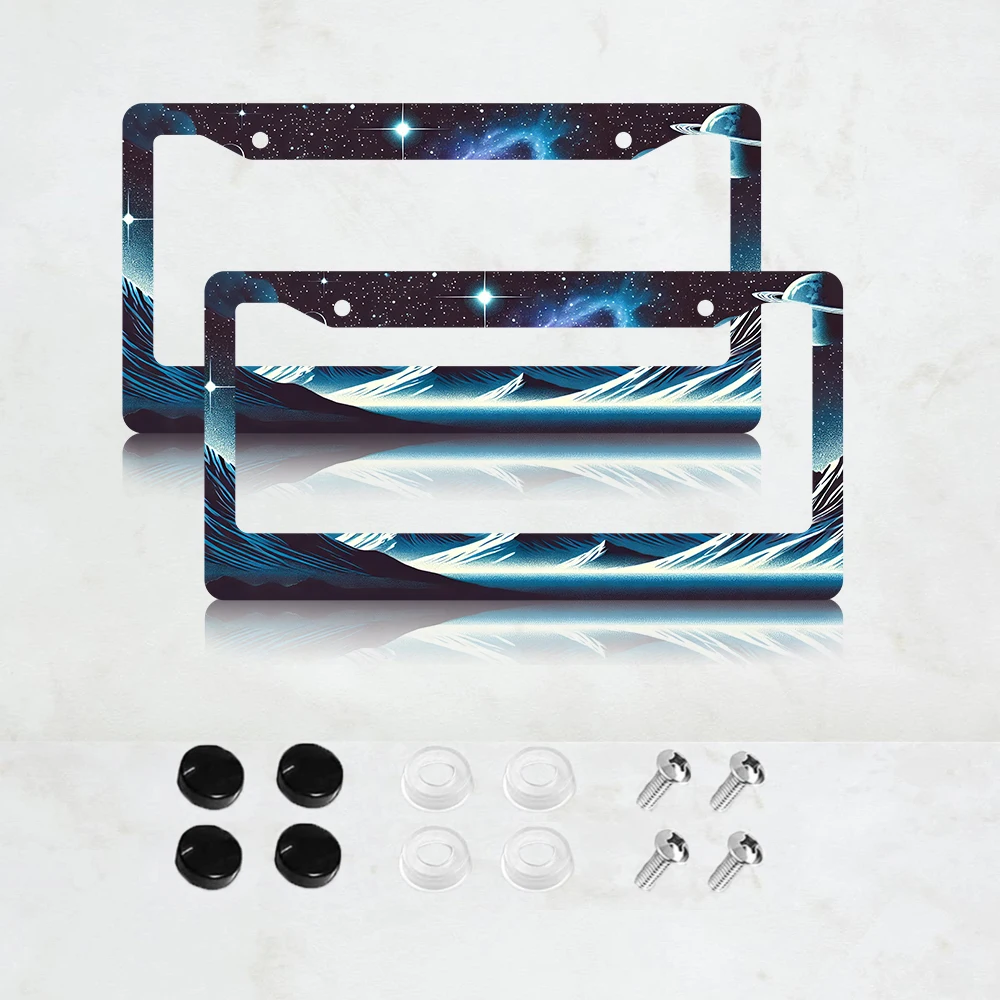 

2 шт. Декоративная алюминиевая рамка для номерного знака в стиле космической галактики (фиолетовый и синий цвета) - стандартный размер США, декоративная рамка для автомобильного номерного знака