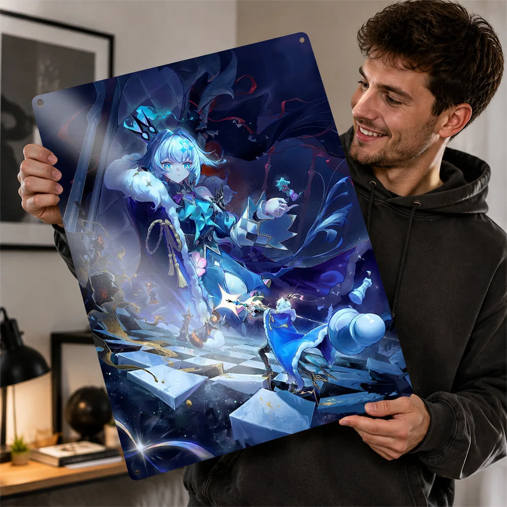 Blue Haired Chess Queen Printed Poster Anime Wall Art For Entertainment Room Personalized Aluminum Metal Sign Collector Gift