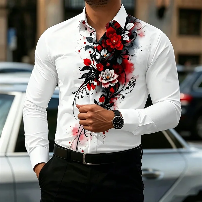 Men's Shirt with Retro Artistic Floral Print, Stylish Lapel, Long Sleeves, Business Casual, Trendy and Individualistic Style.