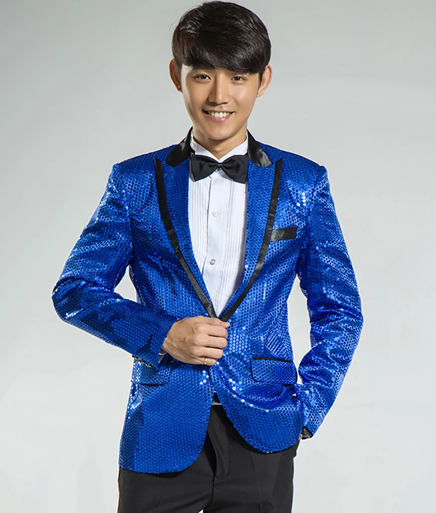 

Мужской костюм-двойка с пайетками и контрастным лацканом, однобортный пиджак и брюки для свадьбы, выпускного и торжественных мероприятий