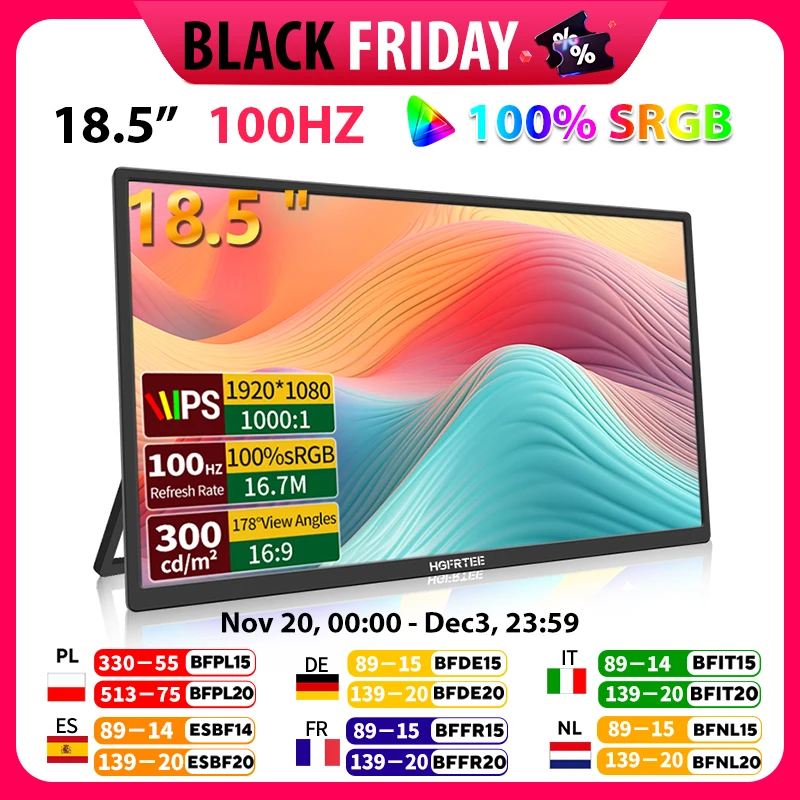 

HGFRTEE 18.5inch 100Hz Portable Monitor With VESA Hole Stand PC Gaming Extended Display ADS-IPS Large screen Support Type-C HDMI