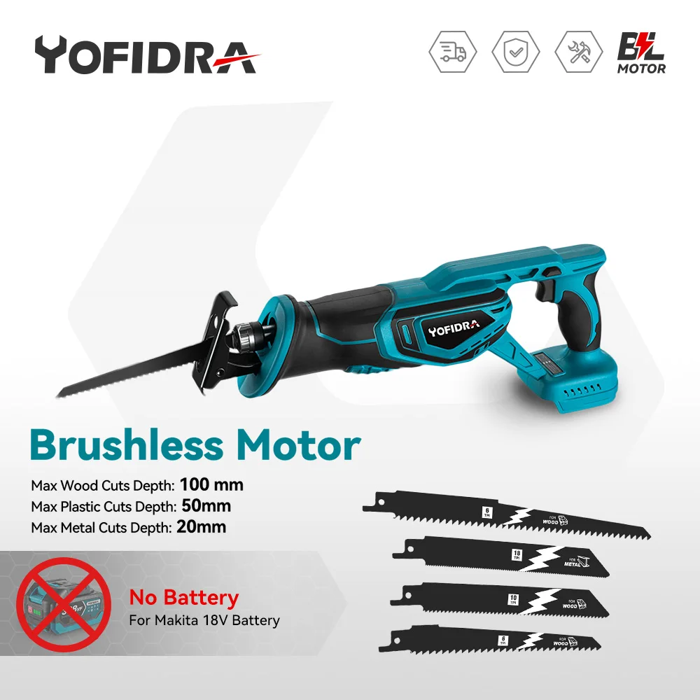 YOFIDRA 3000W Brushless Reciprocating Saw 4 Blades Multifunction Saw Metal Wood Pipe Cutting Power Tools For Makita 18V Battery