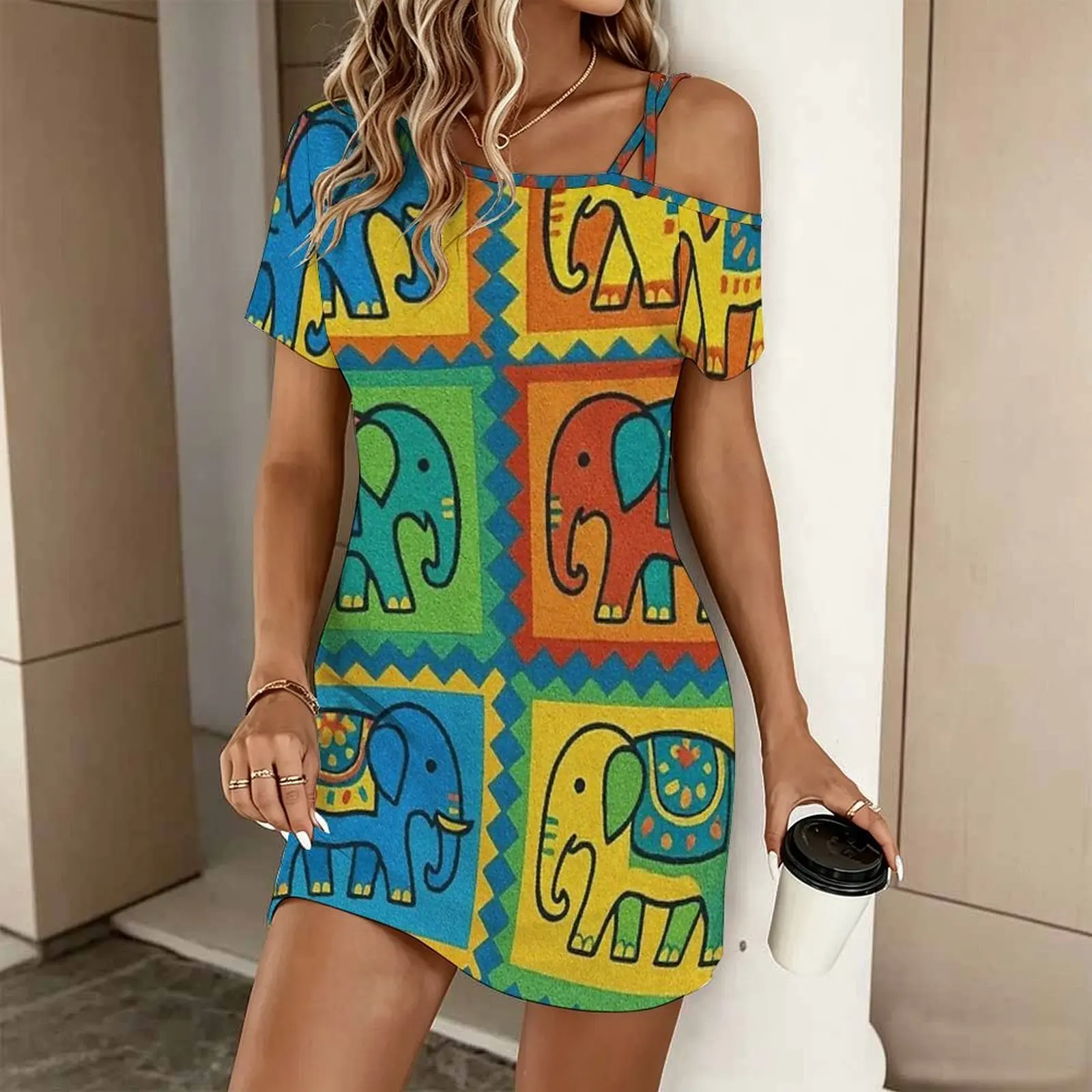 Colorful elephant pattern art Women's Slanted Shoulder Single Strap Short-Sleeved Dress