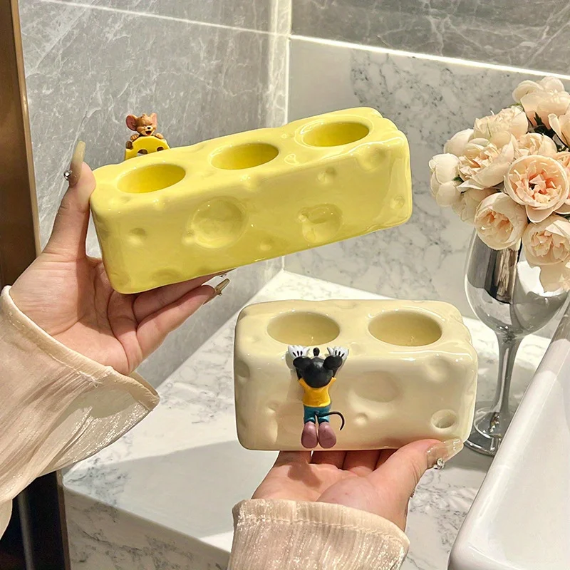 

Cheese Block Toothbrush Holder Cute Ceramic Toothpaste Stand Fun Bathroom Organizer Rack Creative Countertop Decor